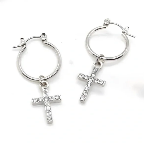 Silver Cross Hoops – Minimalist Rhinestone Earrings, Dainty Christian Jewelry - Picture 1 of 4